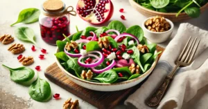 A Quick and Nutritious Spinach Pomegranate Salad: With walnuts, Feta Cheese and Onions